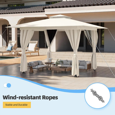Khaki 10x10 Outdoor Gazebo With Double Roof Setup Friendly, Heavy Duty Party Tent with curtains on a patio.