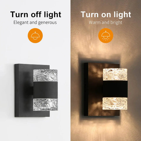 Slick Black Outdoor LED Wall Light Cylinder Sconce With Dual Up Down Lighting 120V 10W Warm Dimmable showing on and off modes