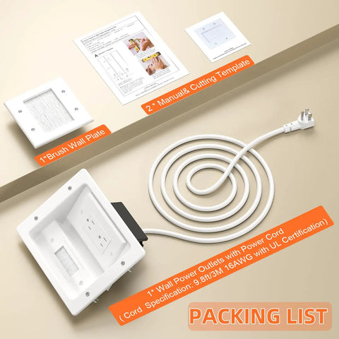 Wall Cable Concealer Kit With Brush Wall Plate And Recessed Outlet Box components with 9 ft cord and manual