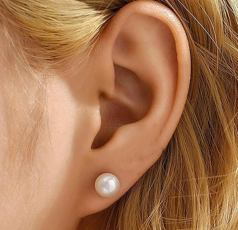 12 Pairs Hypoallergenic Pearl Stud Earrings Set For Women, Stainless Steel Posts, Multiple Sizes 5mm 6mm 8mm 10mm, Lightweight Comfort, White Composite Pearls, Everyday Go-To Jewelry. 8mm pearl stud on ear