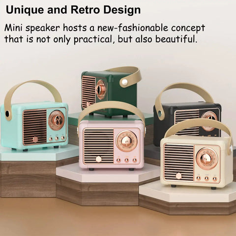 Retro Bluetooth Speaker Portable Wireless Speaker with crystal clear stereo sound in pink, green, and cream colors, compact design.