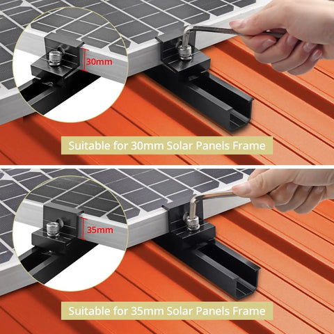 Aluminum Solar Panel Mounting Kit With 4.72 Inch Rails, 30mm And 35mm End Clamps installation on metal roof