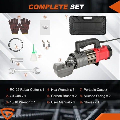 Complete set of Portable 1400W Hydraulic Electric Rebar Cutter, 7/8 Inch Heavy Duty Steel Bar Nipper, tools and accessories.