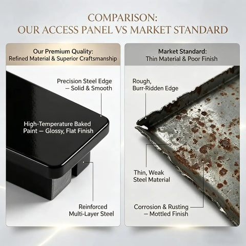 Comparison image of Invisible Tileable Access Panel For Drywall vs market standard, highlighting premium finish and material.