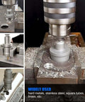 Carbide metal hole saw kit, 16 pcs (5/8-2-1/4 in), shown with drill press and clamps.