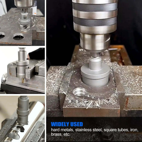 Carbide metal hole saw kit, 16 pcs (5/8-2-1/4 in), shown with drill press and clamps.
