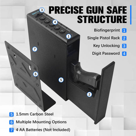 Quick Draw Slide Out Biometric Pistol Safe Fast Deploy Handgun Security Box shown with features for fingerprint entry and metal construction.