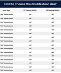 Size chart for double doors, listing door size, fit opening width, and height, including 32x84 double doors fitting up to 70x82 inches.