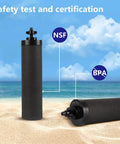 Silver Infused Water Filter Replacement For Berkey BB9-2 Black Carbon Block System on sandy beach with certification labels