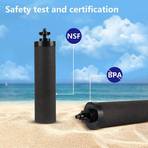 Silver Infused Water Filter Replacement For Berkey BB9-2 Black Carbon Block System on sandy beach with certification labels