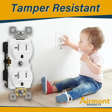 Child near wall with 2x4 Inch Utility Electrical Box Kit With Duplex Receptacle Cover Tamper Resistant 20 Amp Outlet.