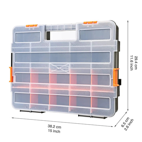 Interlocking Black Tool Box Organizer With Removable Dividers Beefy Durable Plastic Small Parts Box For Fasteners And Crafts 2 Pack 20 Removable Dividers 14 Fixed Sections Heavy Duty Construction, front view