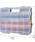 Double Side Tool Organizer With Heavy Duty Polymer And Customizable Removable Dividers For Hardware Storage Keeps Screws Nuts And Small Parts Neat Black And Orange 2 Piece Set with measurements shown in transparent closed view
