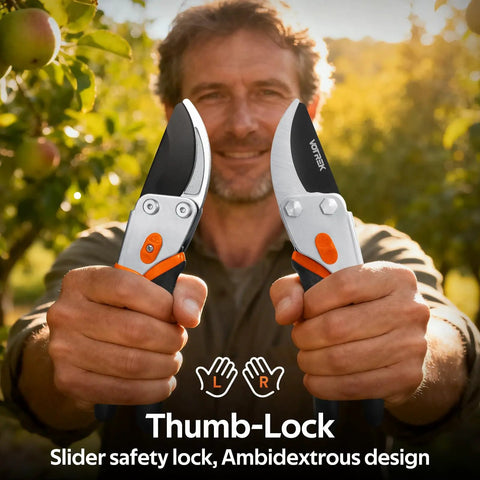 Man holding Heavy Duty Pruning Shears 8.5 Inch Pro Garden Pruner with jam-proof spring and SK5 blades in orchard