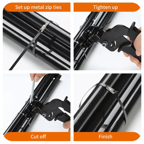 Stainless Steel Cable Tie Gun Set With 300 Black Zip Ties used for tightening and cutting metal ties on black pipes.
