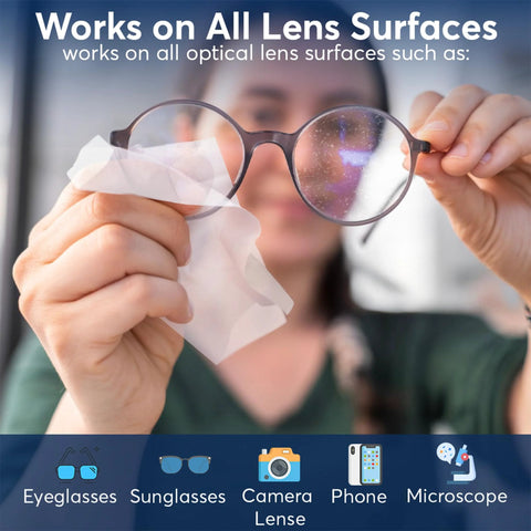 MTBHY Lens Cleaning Wipes, front view, pre-moistened and individually wrapped for eyeglasses.