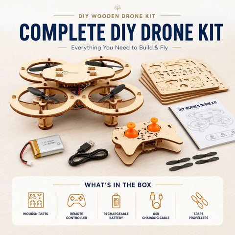 Wooden Drone Building Kit For Adults Snap Together No Glue Remote Control Quadcopters with parts and tools on display