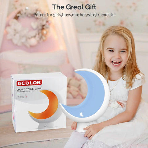 Child smiling with Super Handy Cordless Moon Lamp For Your Bedside Table With Alexa Voice Control in nursery.