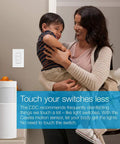 Woman holding child next to Smart Motion Sensor For Dimmers, Switches, And Fans With Auto On Off Lighting, No Wires Required, White