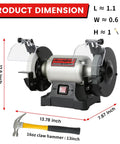 Low Speed Six Inch Bench Grinder With One Third Horsepower Motor And Wobble Free Wheel For Precise Grinding, 1750 RPM in dimensions.