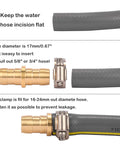 Brass Garden Hose Repair Connector With Clamps Fits Three Fourth Inch Or Five Eighth Inch Hoses Durable Stainless Steel Clamps displayed with hose