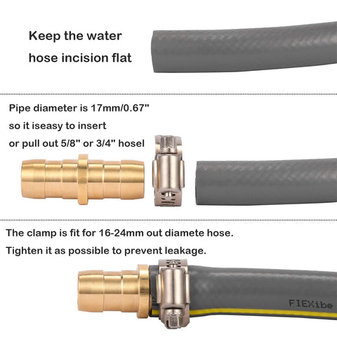 Brass Garden Hose Repair Connector With Clamps Fits Three Fourth Inch Or Five Eighth Inch Hoses Durable Stainless Steel Clamps displayed with hose