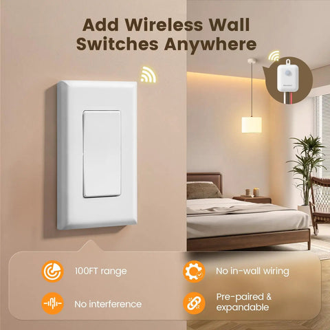 Wireless Light Switch And Receiver Kit No In Wall Wiring Needed RF Remote For Ceiling Lights Lamps And Fans 100 Feet Range