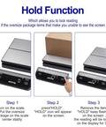 Heavy Duty 150Lb Digital Shipping Scale With 0.1oz Precision display showing 'Hold Function' steps.