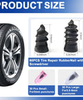 60 Piece Tire Repair Kit With Spiral Screw In Plugs And Included Screwdriver For Car Truck Motorcycle SUV Tubeless Puncture Emergency DIY Fix On The Go showing product sizes and spiral plugs.