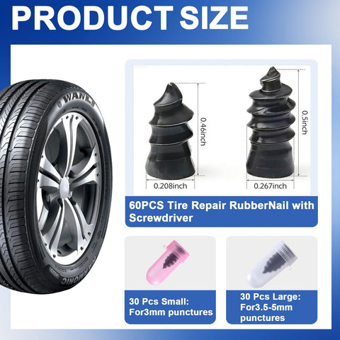60 Piece Tire Repair Kit With Spiral Screw In Plugs And Included Screwdriver For Car Truck Motorcycle SUV Tubeless Puncture Emergency DIY Fix On The Go showing product sizes and spiral plugs.