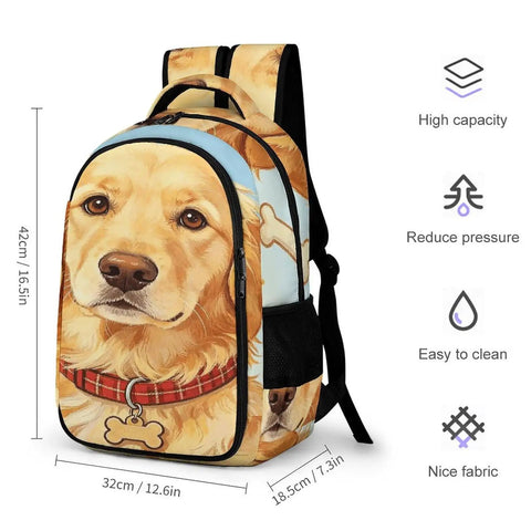 Bone Tag Golden Dog Printed Backpack For Unisex Large Capacity Durable Polyester Breathable Dope Animal Print Daypack