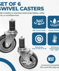 Set Of Six Four Inch Heavy Duty Casters For Commercial Prep Tables Featuring Locking Swivel Base With Super Smooth Glide and grease-resistant design.