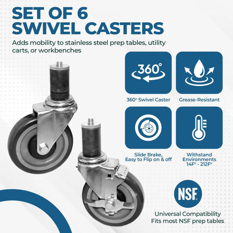 Set Of Six Four Inch Heavy Duty Casters For Commercial Prep Tables Featuring Locking Swivel Base With Super Smooth Glide and grease-resistant design.