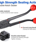 Pro Grade 3 In 1 Steel Banding Strapping Kit With Rock Solid Tensioner And No Fuss Metal Sealer Crimper, double-notch sealer with red handles.
