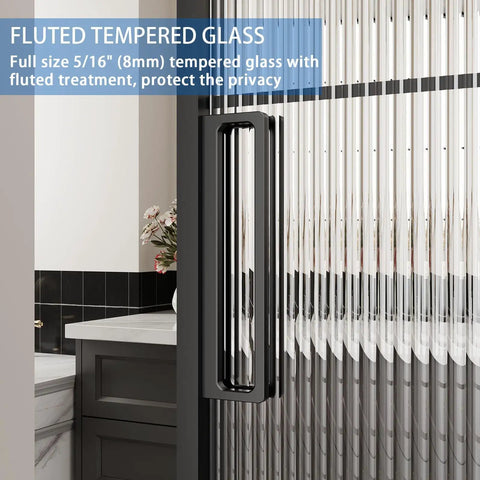 Hardcore Interior Sliding Barn Door Featuring Textured Reeded Glass Panels And Matte Black Frame Hidden Wall Track Kit Saves Wall Space And Moves Like Butter In Any Room Setup, fluted tempered glass detail, black handle.