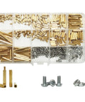 Brass Knurled Round Standoff Spacer Kit M2 For Electronics Projects Built For Geeky PCB Mounts And Motherboard Assembly Includes Male To Female And Female To Female Spacers With Nuts And Screws For Quick Solid Install, assorted brass and steel parts in organizer