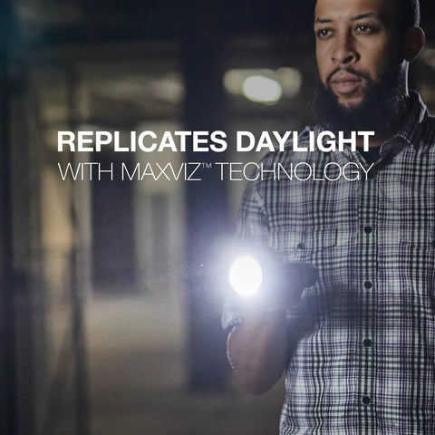 Person using Vision HD Ultra LED Flashlight With Digital Focus, 1800 Lumens, IPX4 Water Resistant, rugged build.