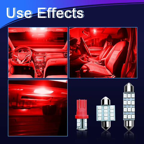 24 Piece LED Interior Car Light Kit With Dome, Map, And License Plate Lights showing red illumination and bulb types.