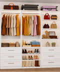 Adjustable Modular Closet Organizer System With Three Units And Five Hanging Rods Forms A Custom Walk In Storage Kit With Ample Drawers And Shelves To Quickly Kick Clutter To The Curb And Keep Everything Straight Up Neat, featuring coats, dresses, and organized accessories.