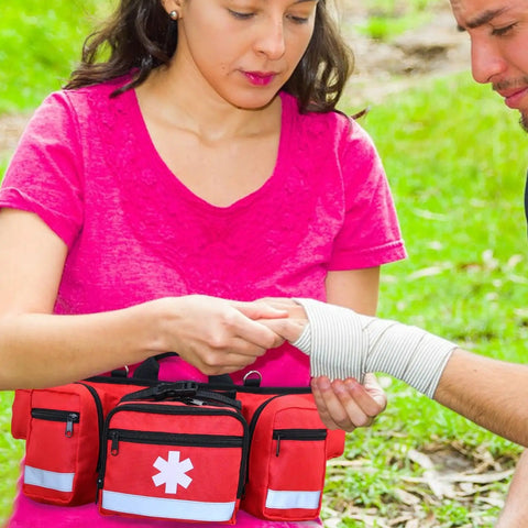 Red Outdoor Belt Bag With Big Capacity For Hiking And Camping, Durable Oxford Cloth Pouch With Adjustable Strap, used by woman