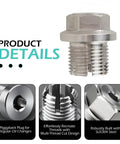 Close-up of the Oversized Piggyback Garage Grade Oil Drain Plug Kit M14.1 By 1.5 Stainless Steel with product details.
