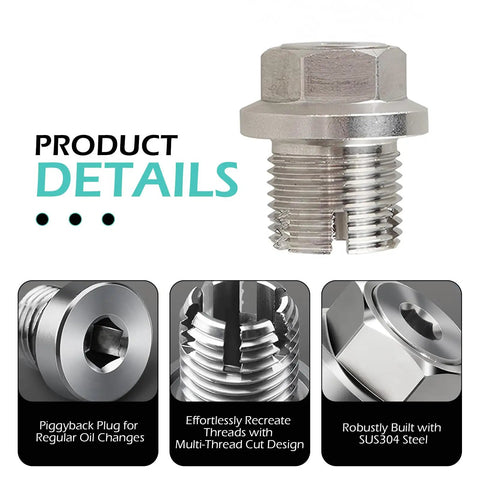 Close-up of the Oversized Piggyback Garage Grade Oil Drain Plug Kit M14.1 By 1.5 Stainless Steel with product details.