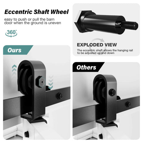 Exploded view of eccentric shaft wheel in Carbon Steel Bifold Barn Door Hardware Kit For 32 Inch Closet Doors 3ft Track Smooth Quiet Black.