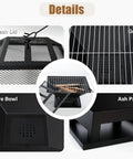 Compact 19.8 Inch Square Fire Pit With Removable Ash Pan And Mesh Lid, detailed views of mesh lid, grill, fire bowl, and ash pan