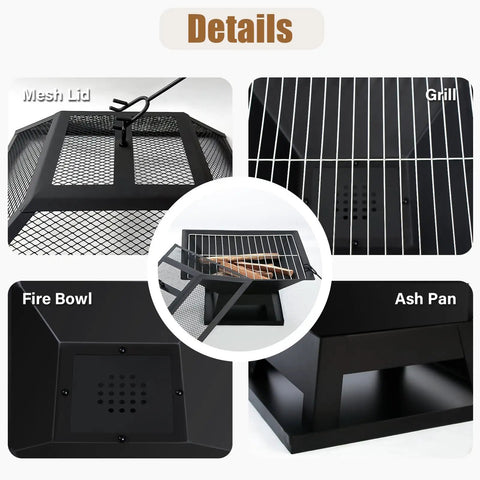 Compact 19.8 Inch Square Fire Pit With Removable Ash Pan And Mesh Lid, detailed views of mesh lid, grill, fire bowl, and ash pan