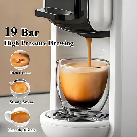 4 In One Compact Coffee Maker Offers No Sweat Hot And Cold Brewing Compatible With K Cup And Dolce Gusto Pods Portable Espresso System For Butter Smooth Daily Sips Anywhere, brewing espresso with rich cream.