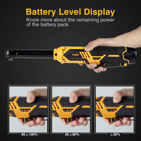 Hand holding Workhorse Cordless Electric Ratchet Wrench 3/8 Inch, 40 Ft-Lbs Torque, 12V with battery level display shown
