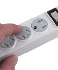 Person using Four Outlet Power Strip With 1.5 Foot Extension Cord Twist To Lock Safety Covers Built In Circuit Breaker UL Listed White