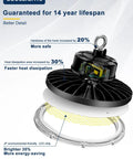 Diagram showcasing Ultra Bright UFO LED High Bay Light 150W 22500lm 5000K with improved heat dissipation and safety features