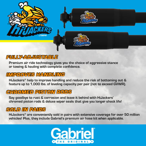 Rear Adjustable Air Shock Absorbers HiJackers with product details and Gabriel logo